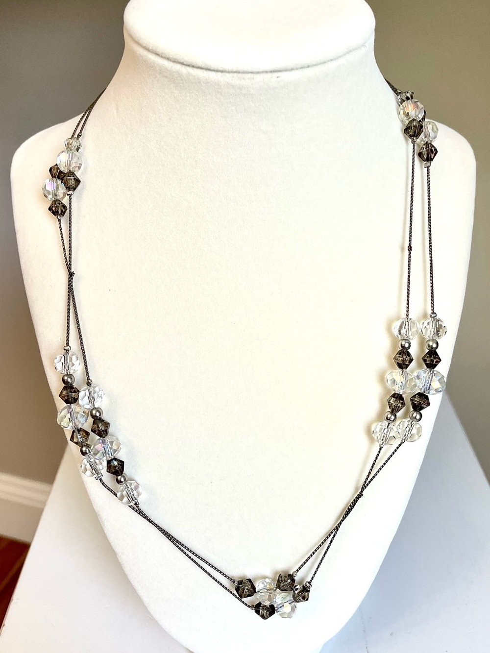Vintage Aurora Borealis Bead Long Necklace Smoky Gunmetal Double Wrap Layering
